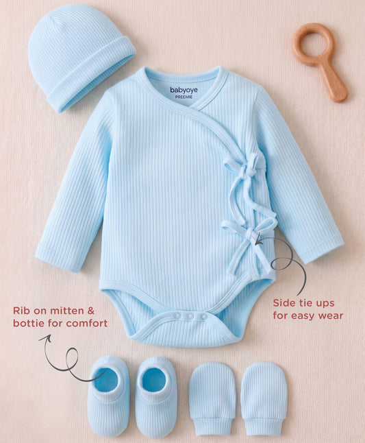 FirstCry Babyoye Male pack of 4 Multi Value Gift Set 100 Percent Bamboo Cotton Drop Needle Texture Cross over Onesie Cap Blue