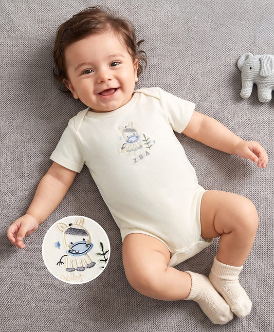 FirstCry Kookie Kids Interlock Knit Half Sleeves Onesie with Zebra Embroidery Off White