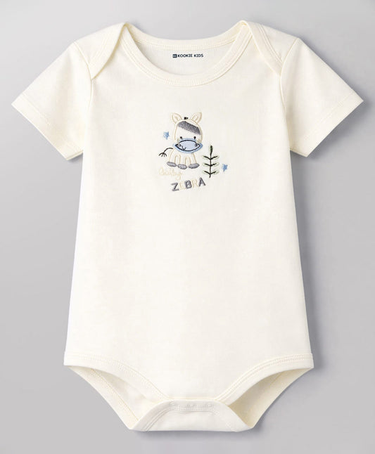 FirstCry Kookie Kids Interlock Knit Half Sleeves Onesie with Zebra Embroidery Off White