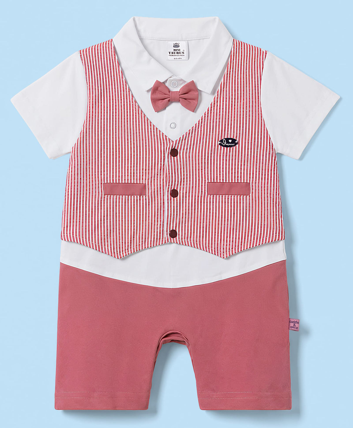 FirstCry Mini Taurus Half Sleeves Striped Party Romper With Bow Red