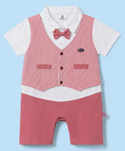 FirstCry Mini Taurus Half Sleeves Striped Party Romper With Bow Red