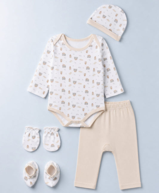 FirstCry Babyhug 100 Percent Cotton Knit Full Sleeves House Printed Onesie With Leggings and Cap Mittens and Booties Set White and Beige