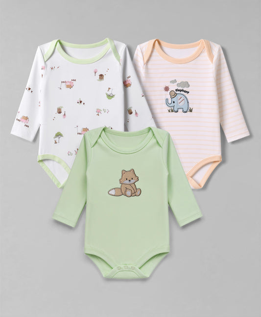 FirstCry Babyhug 100 Percent Cotton Interlock Knit Full Sleeves Onesies With House Print and Animal Patch Pack of 3 Multicolour