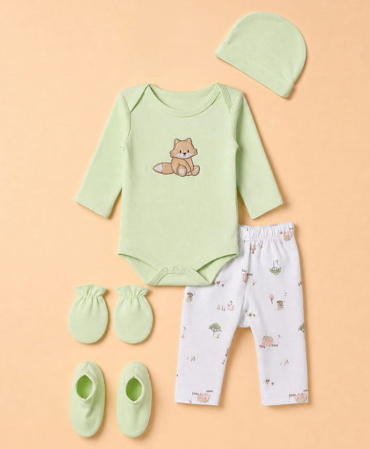FirstCry Babyhug 100 Percent Cotton Interlock Knit Full Sleeves Fox Printed Onesies Light Green