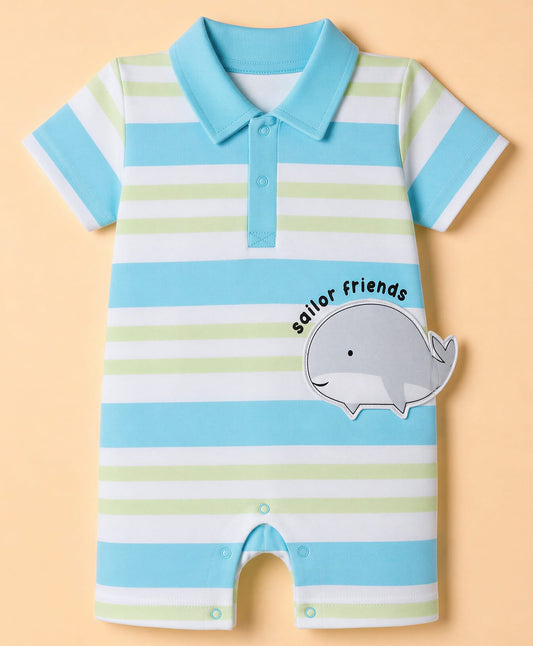 FirstCry Babyhug 100 Percent Cotton Interlock Knit Half Sleeves Striped Rompers With Fish Applique White