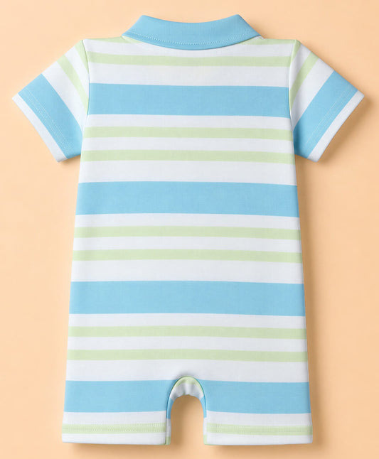 FirstCry Babyhug 100 Percent Cotton Interlock Knit Half Sleeves Striped Rompers With Fish Applique White