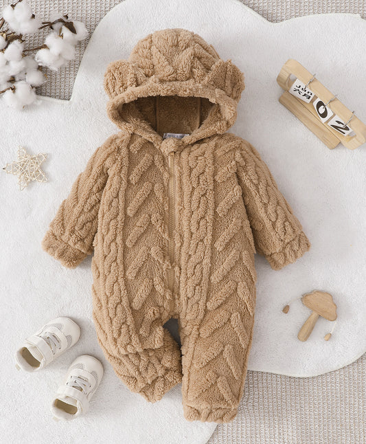 FirstCry Mark and Mia Winter Wear Romper With Cable Knit Texture and Bear Ear Applique Brown