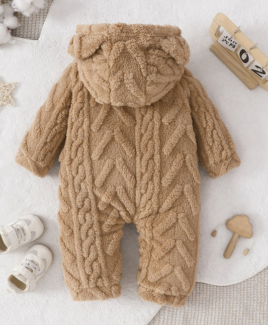 FirstCry Mark and Mia Winter Wear Romper With Cable Knit Texture and Bear Ear Applique Brown