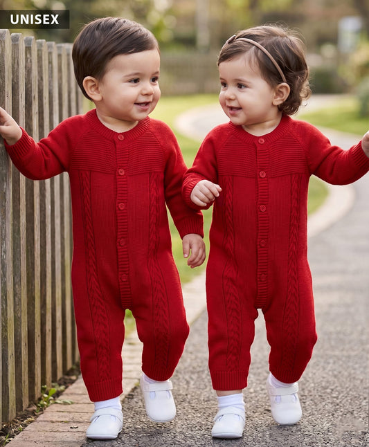 FirstCry Babyhug Knitted Raglan Sleeves Winter Wear Romper Red