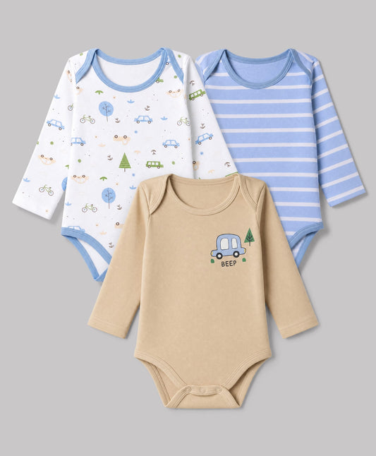 FirstCry Babyhug 100 Percent Cotton Interlock Knit Full Sleeves Striped Onesies With Car Print Pack of 3 Multicolour