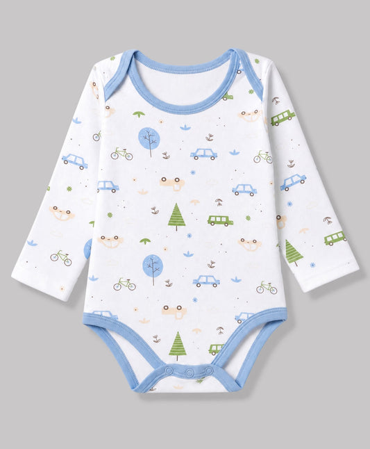 FirstCry Babyhug 100 Percent Cotton Interlock Knit Full Sleeves Striped Onesies With Car Print Pack of 3 Multicolour