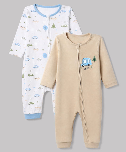 FirstCry Babyhug 100 Percent Cotton Interlock Knit Full Sleeves Rompers With Vehicle Print Pack of 2 White and Beige