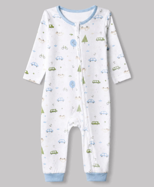 FirstCry Babyhug 100 Percent Cotton Interlock Knit Full Sleeves Rompers With Vehicle Print Pack of 2 White and Beige