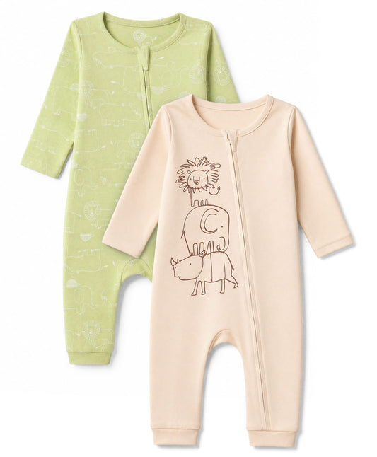 FirstCry Babyhug 100 Percent Cotton Interlock Knit Full Sleeves Rompers With Animal Print Pack of 2 Beige and Light Green