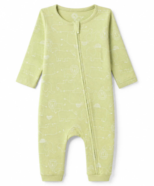 FirstCry Babyhug 100 Percent Cotton Interlock Knit Full Sleeves Rompers With Animal Print Pack of 2 Beige and Light Green