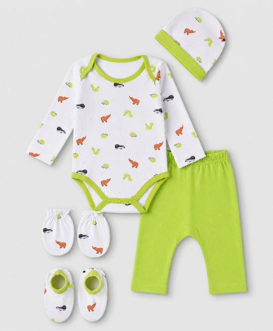 FirstCry Babyhug 100 Percent Cotton Interlock Knit Full Sleeves Animal Printed Onesies Light Green