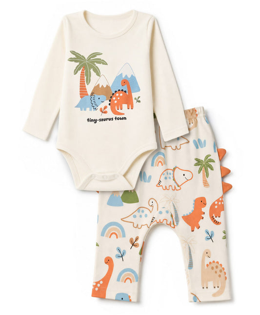FirstCry Babyhug 100 Percent Cotton Interlock Knit Dino Printed Onesie With Leggings Off White