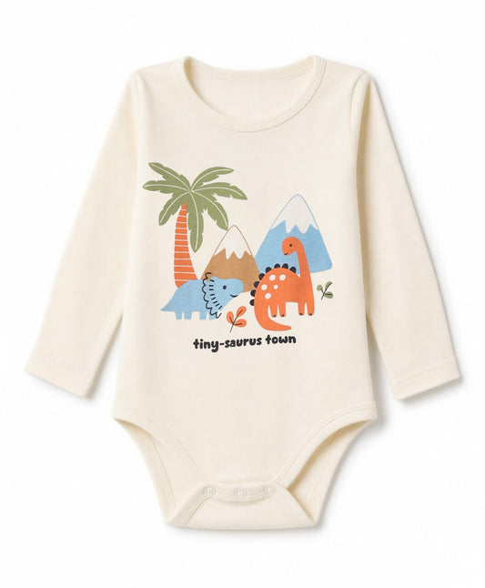 FirstCry Babyhug 100 Percent Cotton Interlock Knit Dino Printed Onesie With Leggings Off White