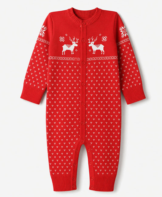 FirstCry Babyhug Natural 100 Percent Cotton Knit Full Sleeves Winter Wear Romper With Reindeer Design Red