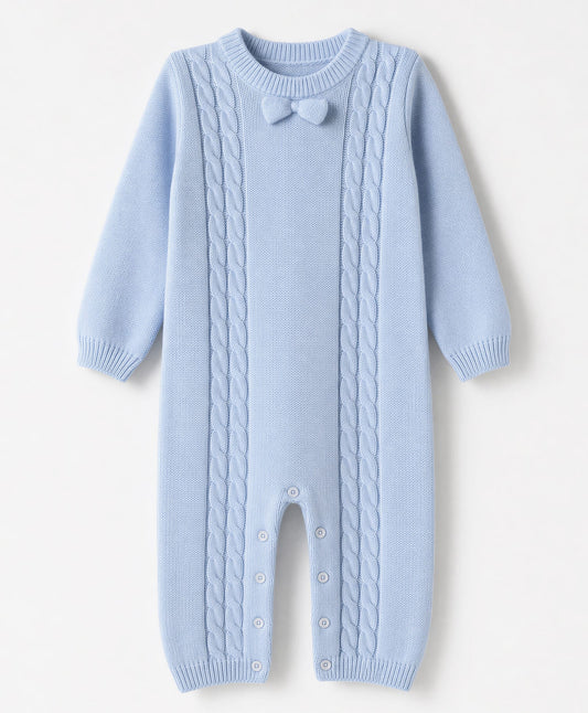 FirstCry Babyhug Natural 100 Percent Cotton Knit Full Sleeves Winter Wear Romper With Cable Knit Design Blue