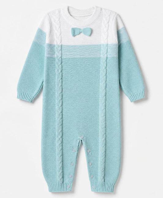 FirstCry Babyhug Natural 100 Percent Cotton Knit Full Sleeves Winter Wear Romper With Bow Applique Light Blue