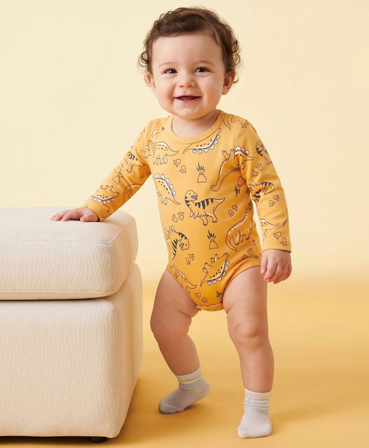 FirstCry Doodle Poodle 100 Percent Cotton Interlock Knit Full Sleeves Dino Printed Onesie Orange