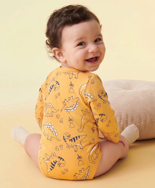 FirstCry Doodle Poodle 100 Percent Cotton Interlock Knit Full Sleeves Dino Printed Onesie Orange