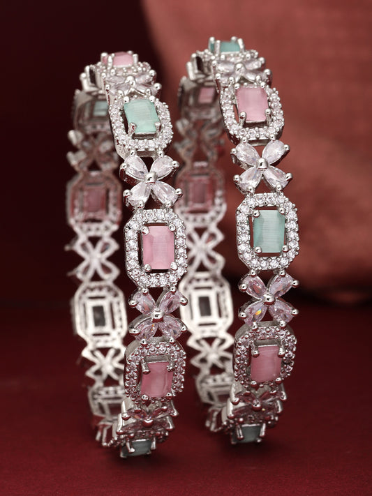 Zeneme Set of 2 Rhodium Plated Pink Sea Green American Diamond Bangles