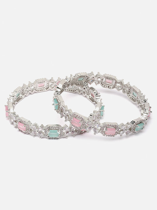 Zeneme Set of 2 Rhodium Plated Pink Sea Green American Diamond Bangles