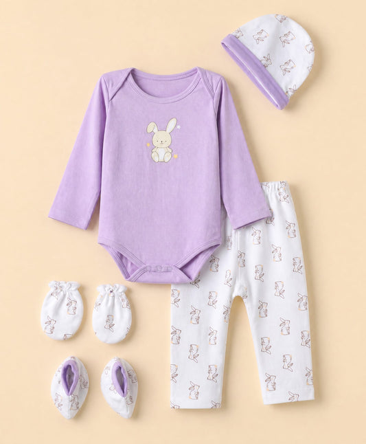 FirstCry Babyhug 100 Percent Cotton Interlock Knit Full Sleeves Rabbit Printed Onesie Purple