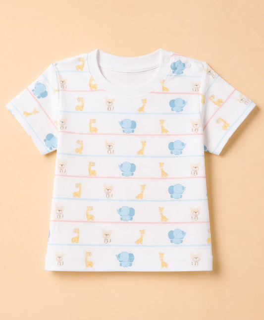 FirstCry ToffyHouse Interlock Knit Half Sleeves T-Shirt and Striped Dungaree with Animal Patch Light Blue