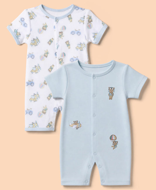 FirstCry ToffyHouse Interlock Knit Half Sleeves Rompers With Bear Print Pack of 2 Blue