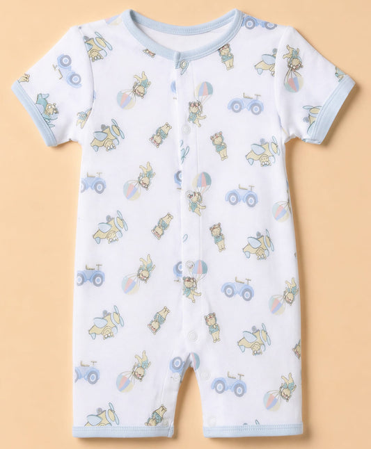 FirstCry ToffyHouse Interlock Knit Half Sleeves Rompers With Bear Print Pack of 2 Blue