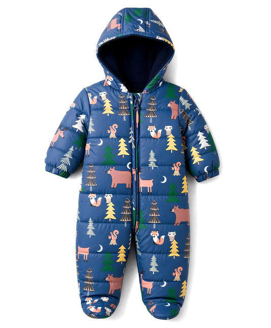 FirstCry Babyhug Woven Heavy Polyfill Winter Wear Hooded Romper With Animal Print Navy Blue