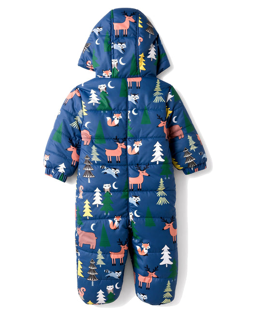 FirstCry Babyhug Woven Heavy Polyfill Winter Wear Hooded Romper With Animal Print Navy Blue