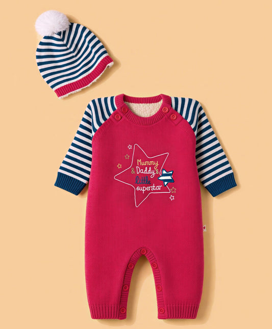 FirstCry Yellow Apple Knit Full Sleeves Rompers With Text Embroidery and Cap Red