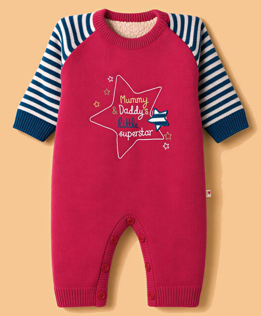 FirstCry Yellow Apple Knit Full Sleeves Rompers With Text Embroidery and Cap Red