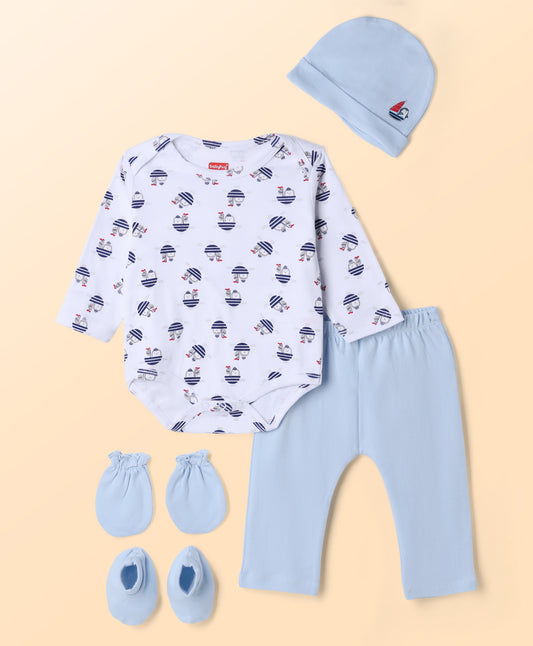 FirstCry Babyhug 100 Percent Cotton Interlock Knit Full Sleeves Onesie Set with Leggings Cap Mittens and Booties Boat and Penguin Print Light Blue