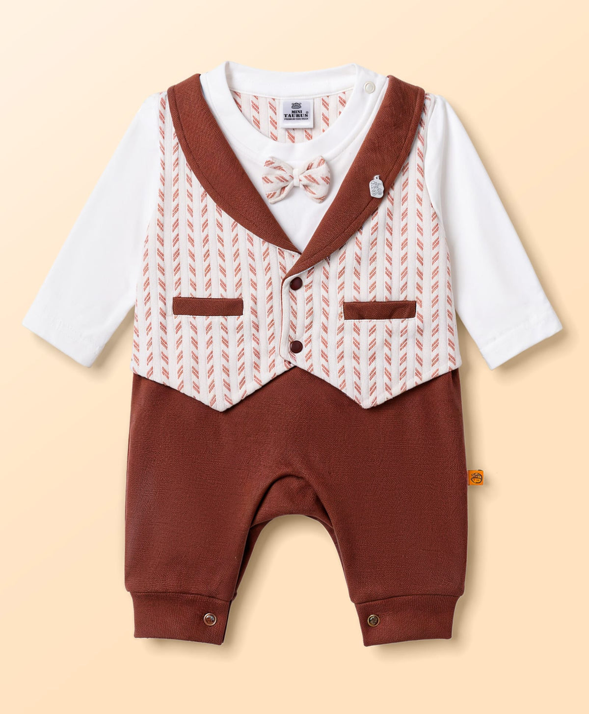 FirstCry Mini Taurus Knit Full Sleeves Striped Party Romper with Attached Bow Maroon