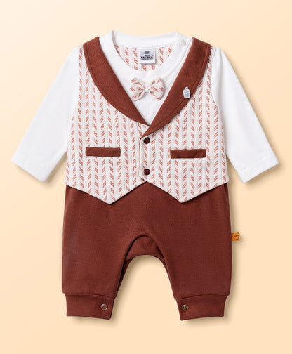 FirstCry Mini Taurus Knit Full Sleeves Striped Party Romper with Attached Bow Maroon