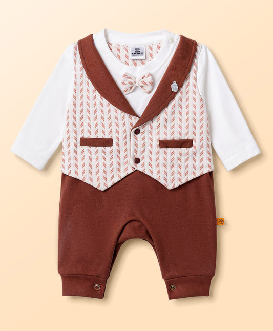 FirstCry Mini Taurus Knit Full Sleeves Striped Party Romper with Attached Bow Maroon