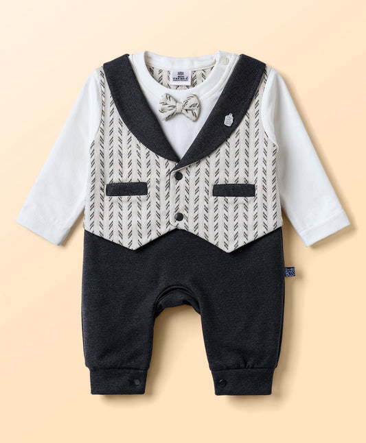 FirstCry Mini Taurus Knit Full Sleeves Party Romper with Herringbone Waistcoat Look and Attached Bow Charcoal Grey