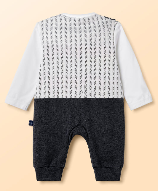 FirstCry Mini Taurus Knit Full Sleeves Party Romper with Herringbone Waistcoat Look and Attached Bow Charcoal Grey