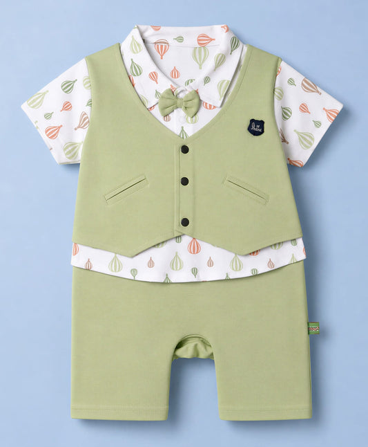 FirstCry Mini Taurus Knit Half Sleeves Party Romper with Air Balloon Print and Attached Bow Light Green