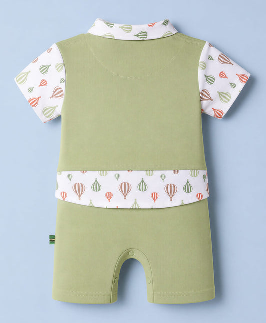FirstCry Mini Taurus Knit Half Sleeves Party Romper with Air Balloon Print and Attached Bow Light Green