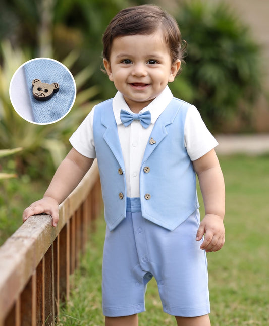 FirstCry Babyhug Interlock Woven Half Sleeves Partywear Romper With Attached Waistcoat and Bow Light Blue