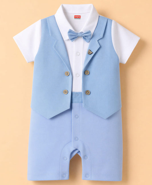 FirstCry Babyhug Interlock Woven Half Sleeves Partywear Romper With Attached Waistcoat and Bow Light Blue