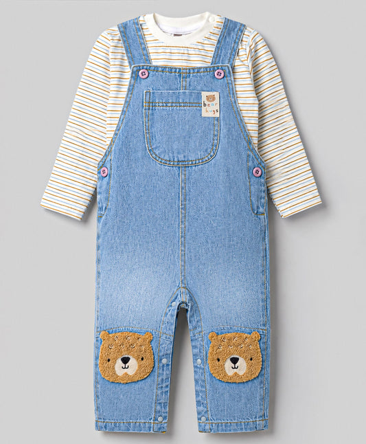 FirstCry Little Kangaroos Knitted Full Sleeves Striped Dungaree With Bear Patch Light Blue