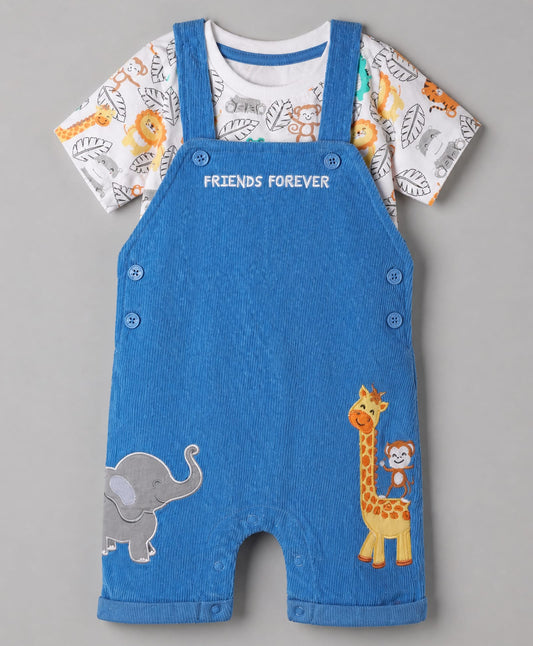 FirstCry Babyhug 100 Percent Cotton Single Jersey Knit Half Sleeves Dungaree With Animal Printed Inner Tee White
