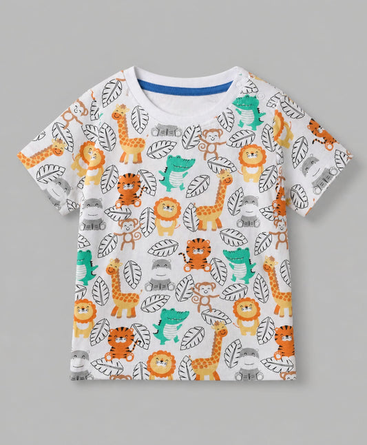 FirstCry Babyhug 100 Percent Cotton Single Jersey Knit Half Sleeves Dungaree With Animal Printed Inner Tee White